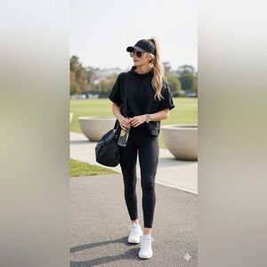 🛍️ Lilla P Black Cotton Short Sleeve Drawstring Mock Neck Cropped Sweatshirt M